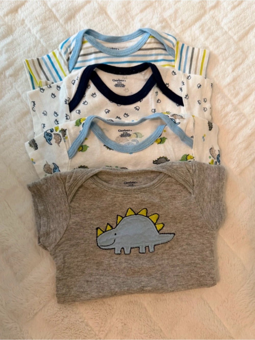 Gerber Baby Short-Sleeve Dino & Stripe Bodysuit Set - Gray, Blue & White